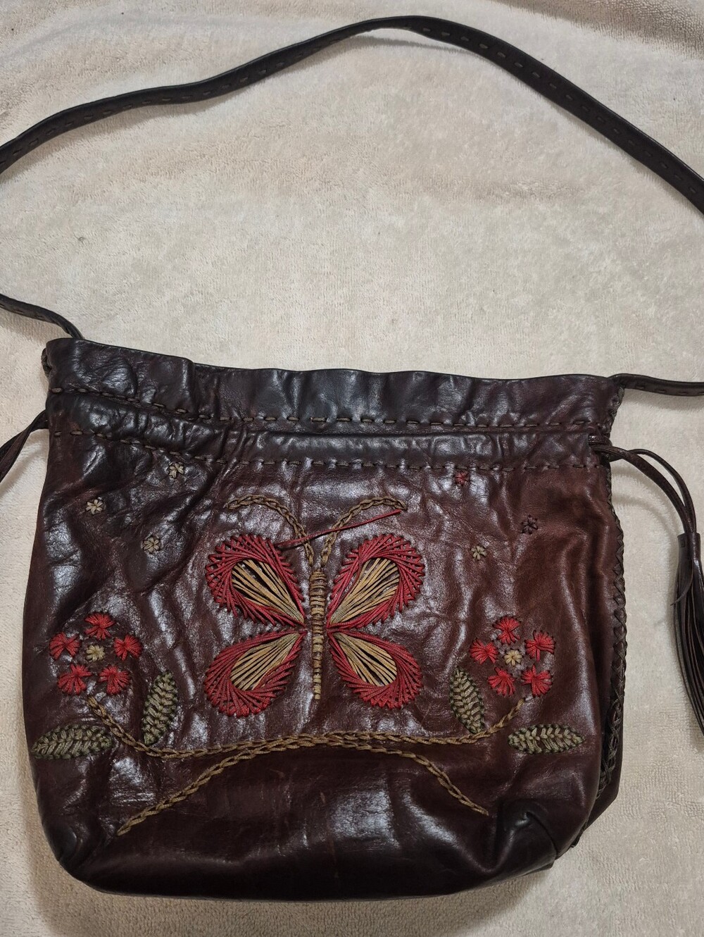 Francesco Biasia hand bag brown leather Embroidered Butterfly Flowers